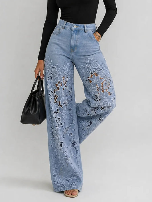 Kirsten | The Lace Cut-Out High-Waist Wide-Leg Denim Trousers