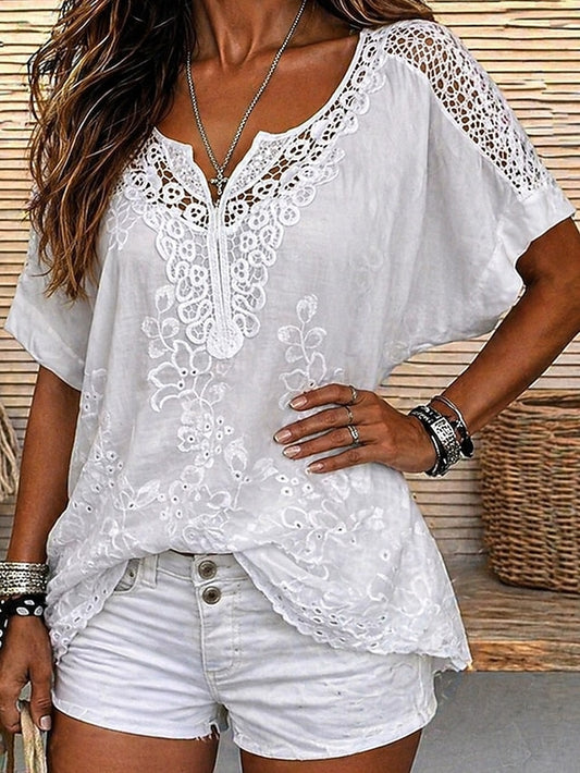 Jill | The Geometric Lace-Paneled Soft V-Neck Blouse