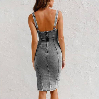 Denim | The High-Rise Zip-Front Split-Hem Denim Slip Dress