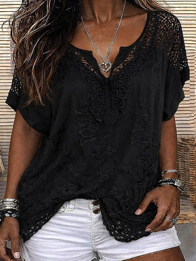Jill | The Geometric Lace-Paneled Soft V-Neck Blouse
