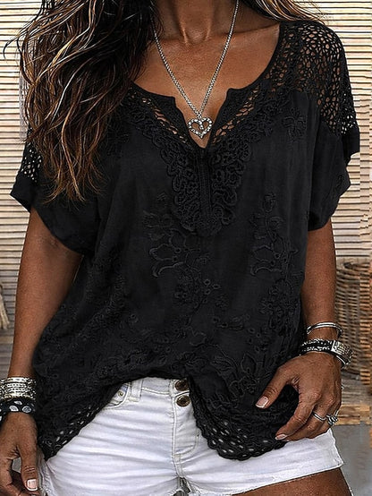 Jill | The Geometric Lace-Paneled Soft V-Neck Blouse