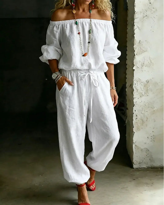 Lana | The Architectural Pure-Cotton Off-Shoulder Utility Jumpsuit