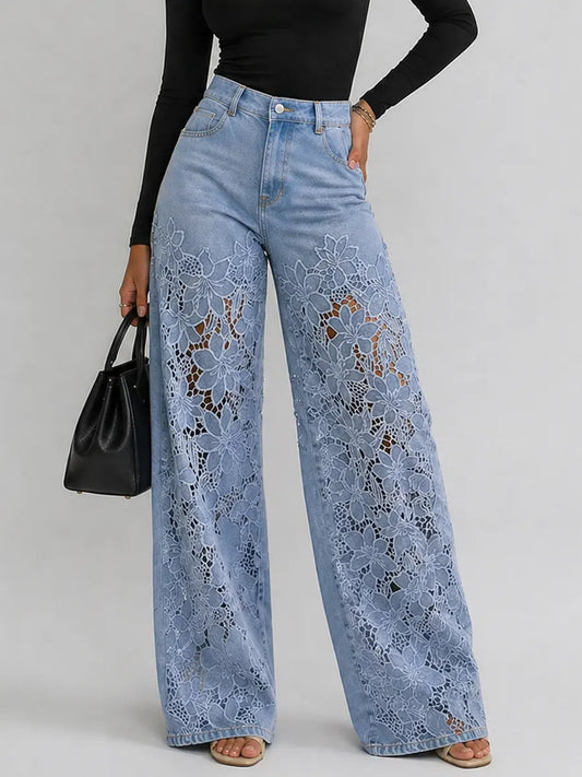 Kirsten | The Lace Cut-Out High-Waist Wide-Leg Denim Trousers