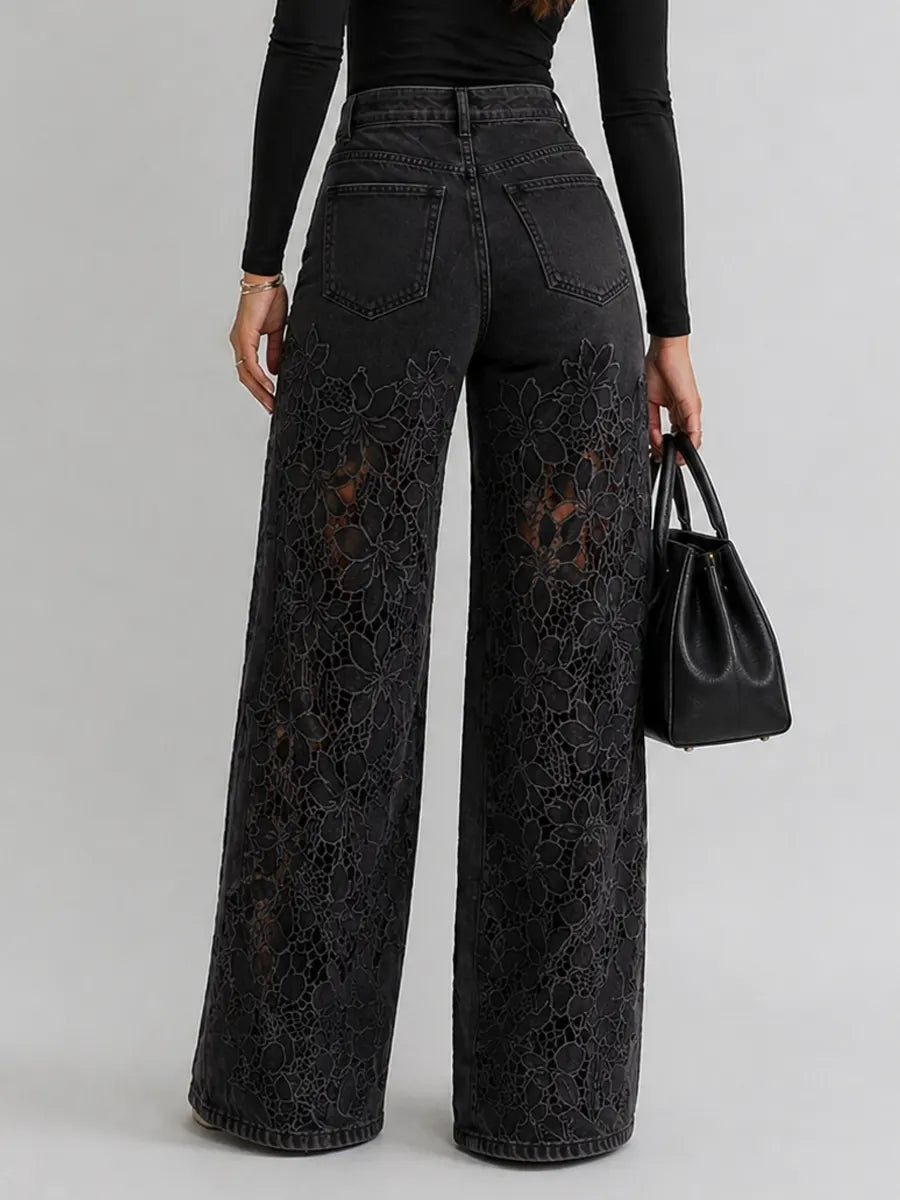 Kirsten | The Lace Cut-Out High-Waist Wide-Leg Denim Trousers