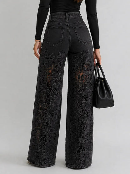 Kirsten | The Lace Cut-Out High-Waist Wide-Leg Denim Trousers