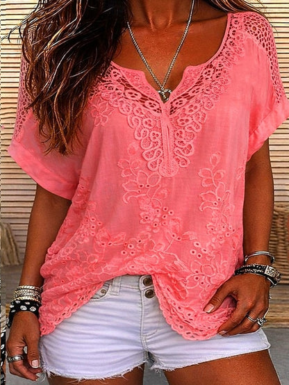 Jill | The Geometric Lace-Paneled Soft V-Neck Blouse