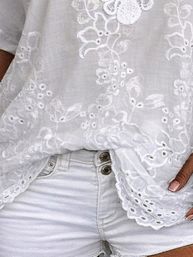 Jill | The Geometric Lace-Paneled Soft V-Neck Blouse