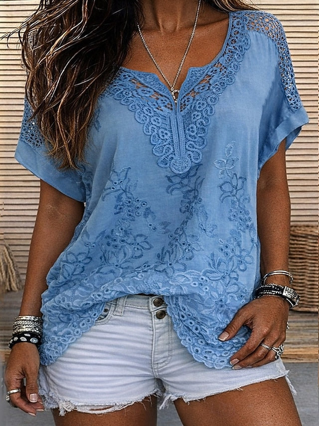 Jill | The Geometric Lace-Paneled Soft V-Neck Blouse