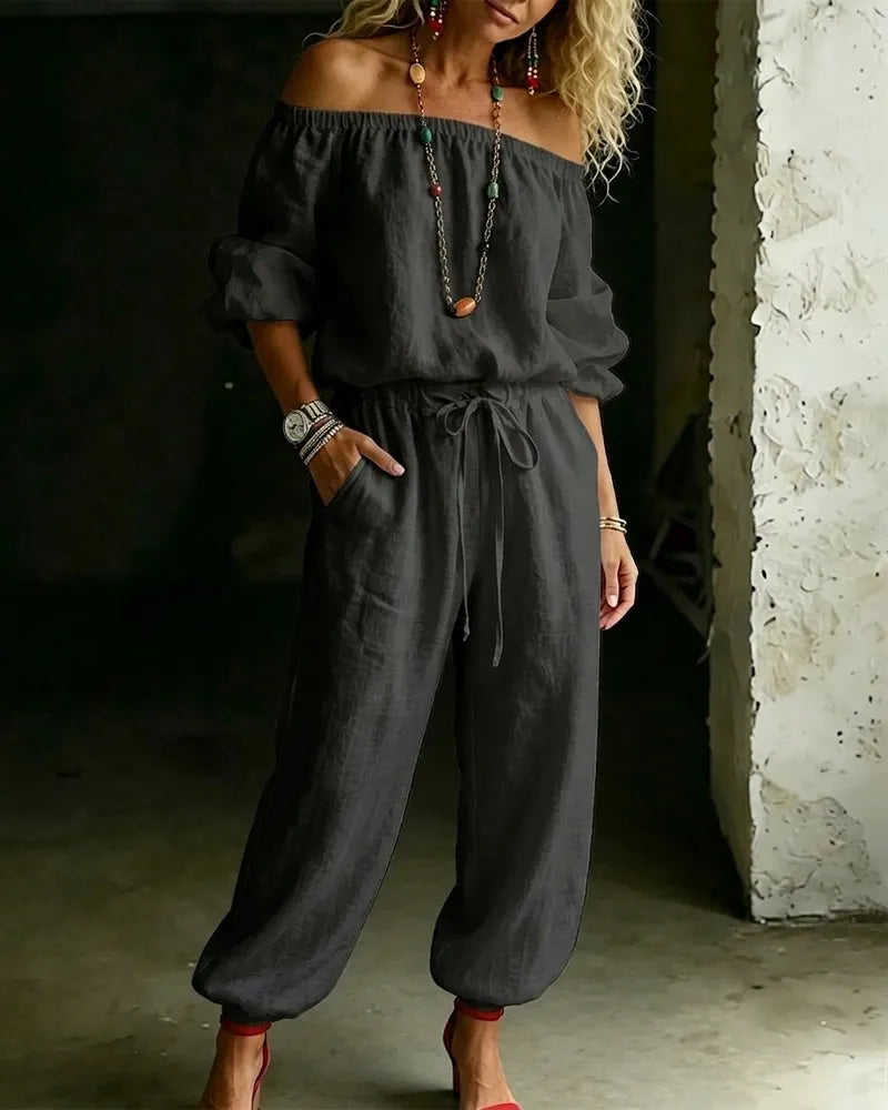 Lana | The Architectural Pure-Cotton Off-Shoulder Utility Jumpsuit