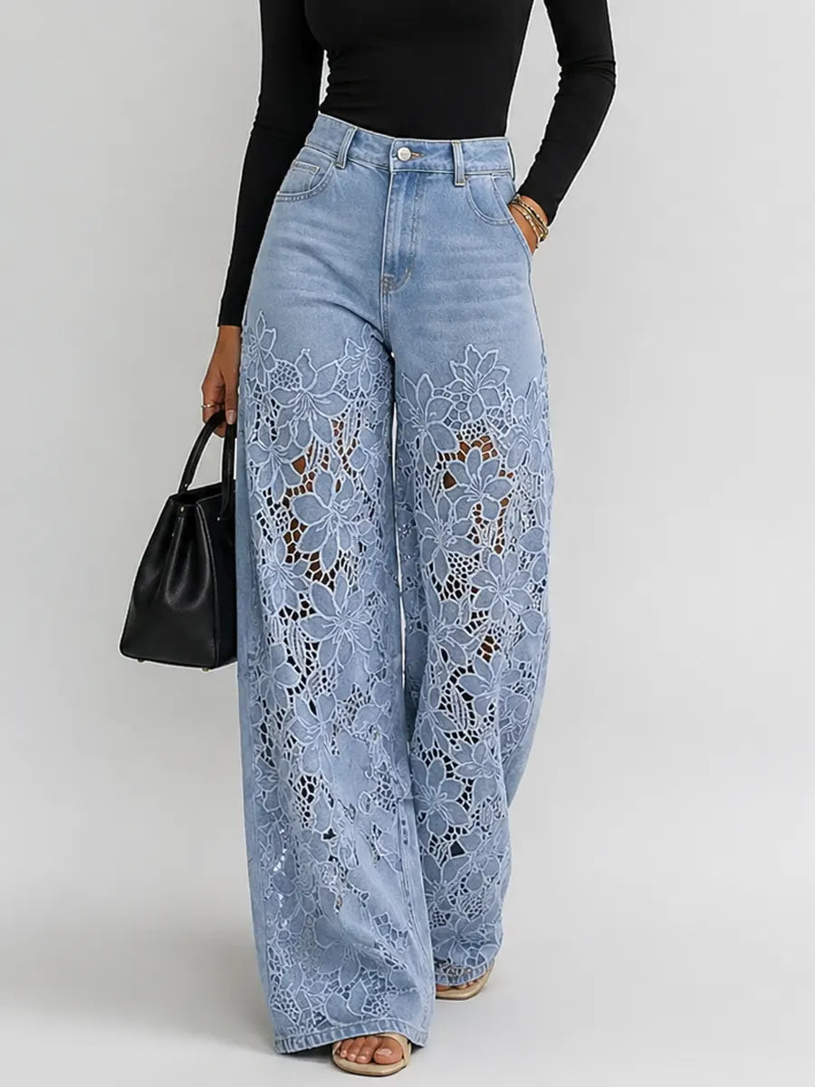 Kirsten | The Lace Cut-Out High-Waist Wide-Leg Denim Trousers