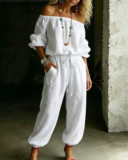 Lana | The Architectural Pure-Cotton Off-Shoulder Utility Jumpsuit