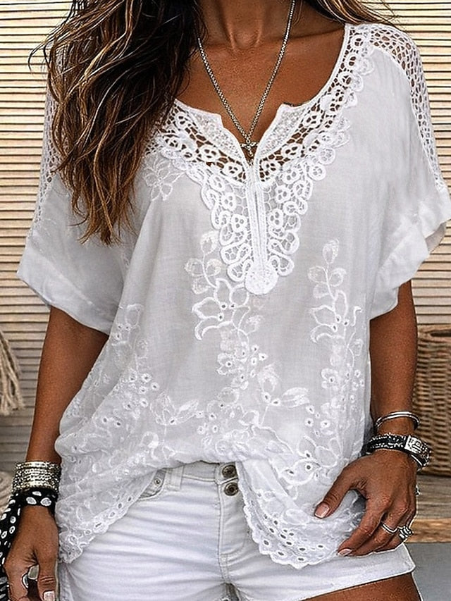 Jill | The Geometric Lace-Paneled Soft V-Neck Blouse