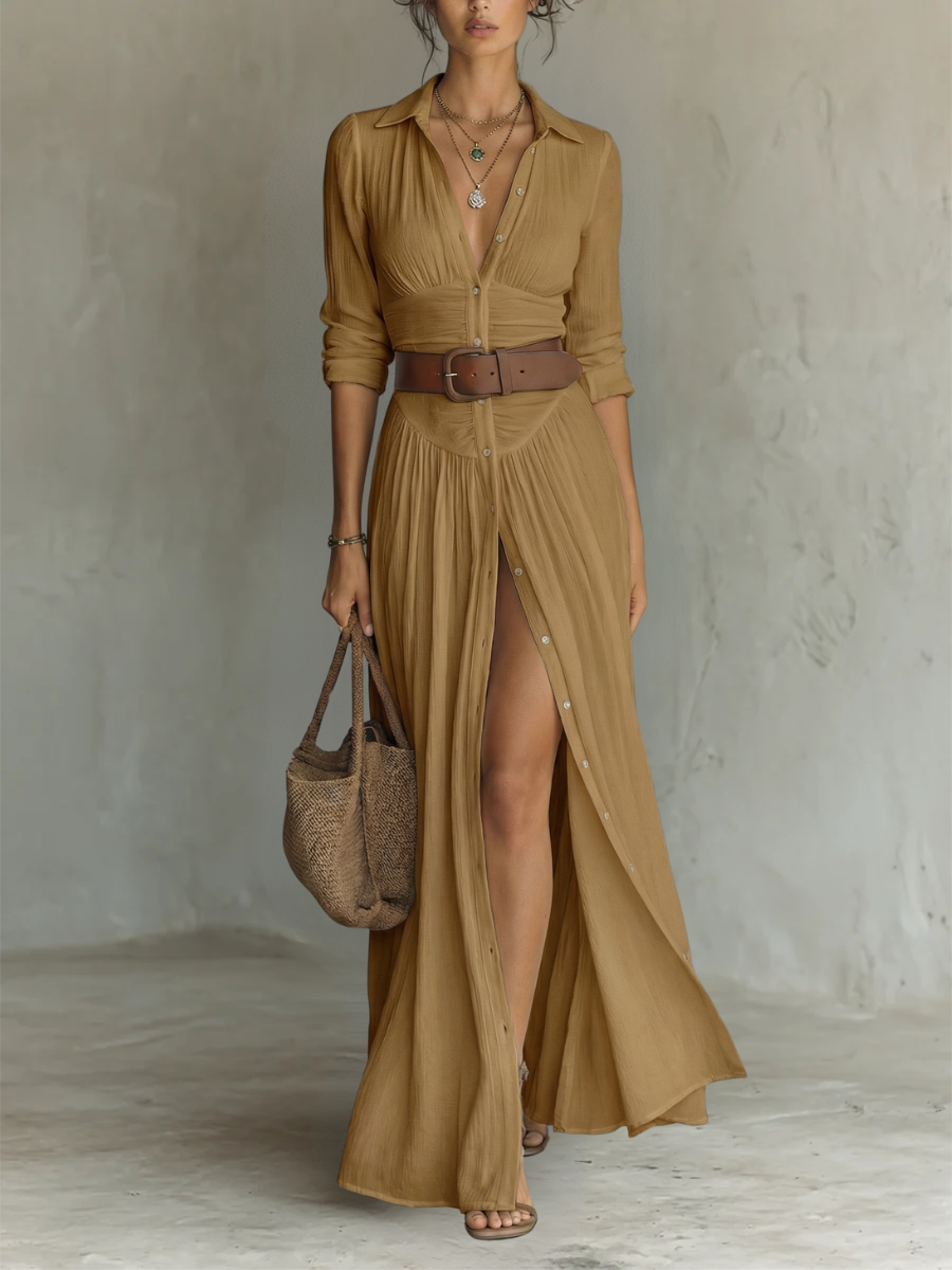 Maxi | The Tailored Linen-Cotton Pleated Maxi Dress
