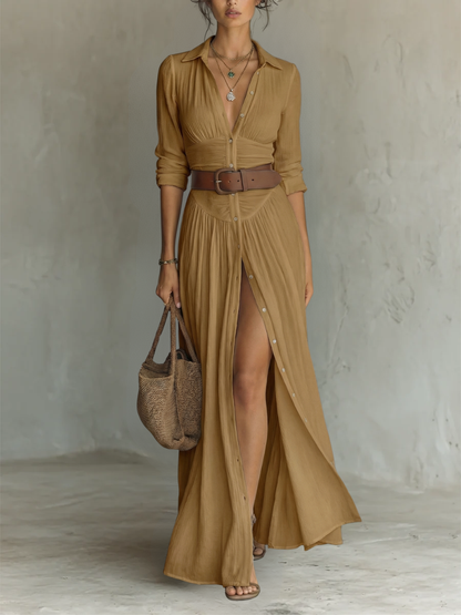Maxi | The Tailored Linen-Cotton Pleated Maxi Dress