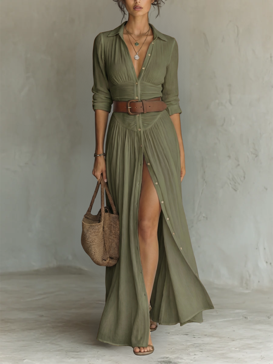 Maxi | The Tailored Linen-Cotton Pleated Maxi Dress