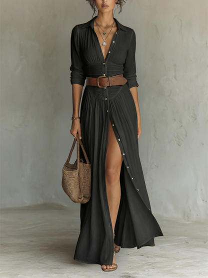 Maxi | The Tailored Linen-Cotton Pleated Maxi Dress