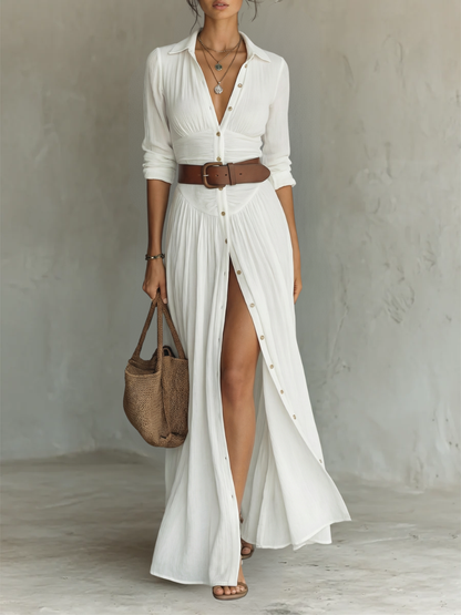 Maxi | The Tailored Linen-Cotton Pleated Maxi Dress