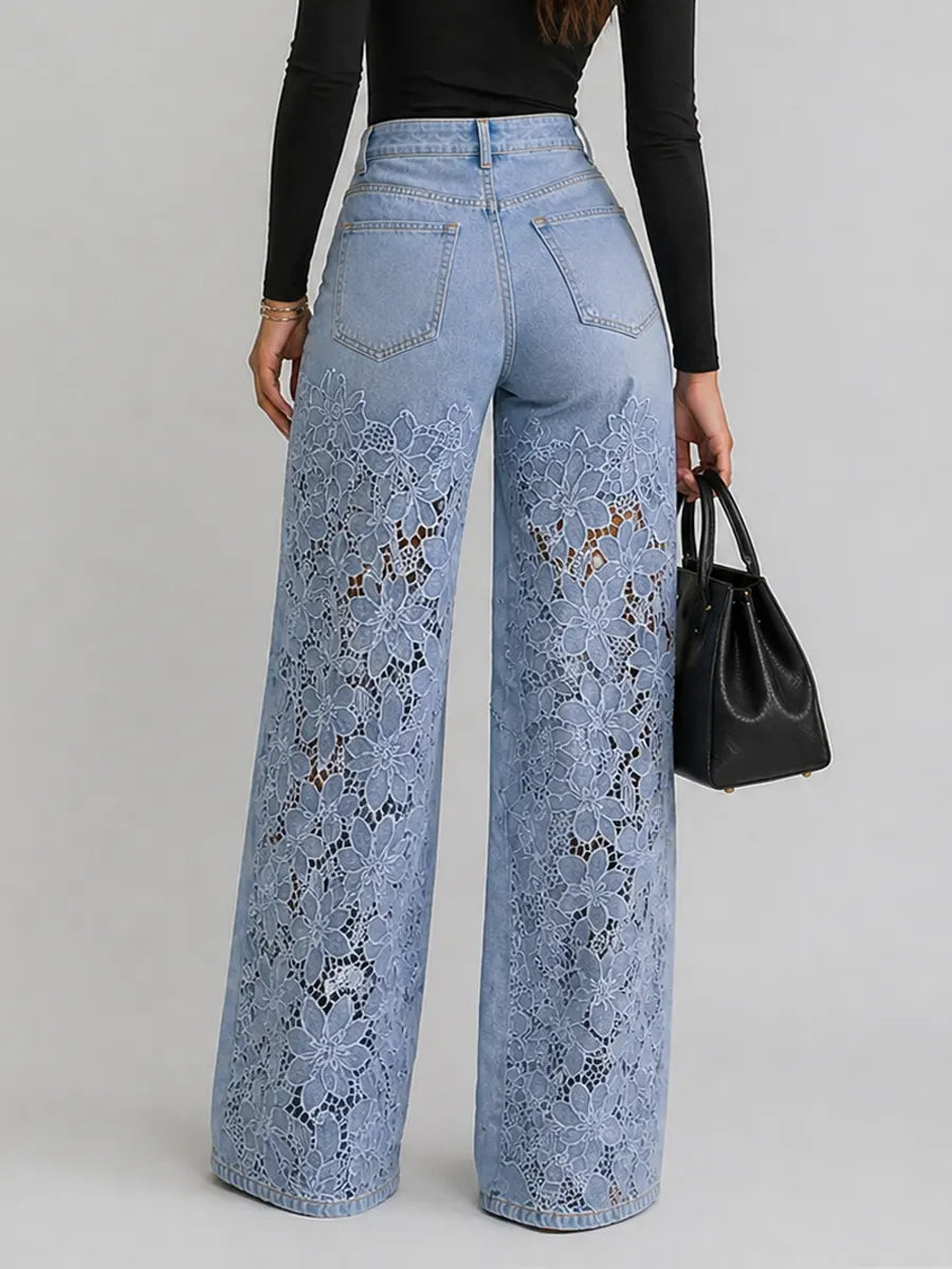 Kirsten | The Lace Cut-Out High-Waist Wide-Leg Denim Trousers