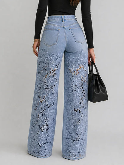 Kirsten | The Lace Cut-Out High-Waist Wide-Leg Denim Trousers