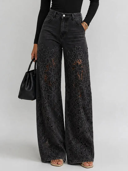 Kirsten | The Lace Cut-Out High-Waist Wide-Leg Denim Trousers