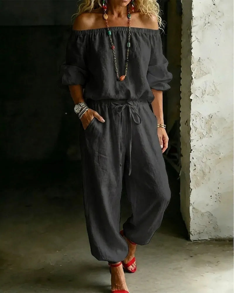 Lana | The Architectural Pure-Cotton Off-Shoulder Utility Jumpsuit