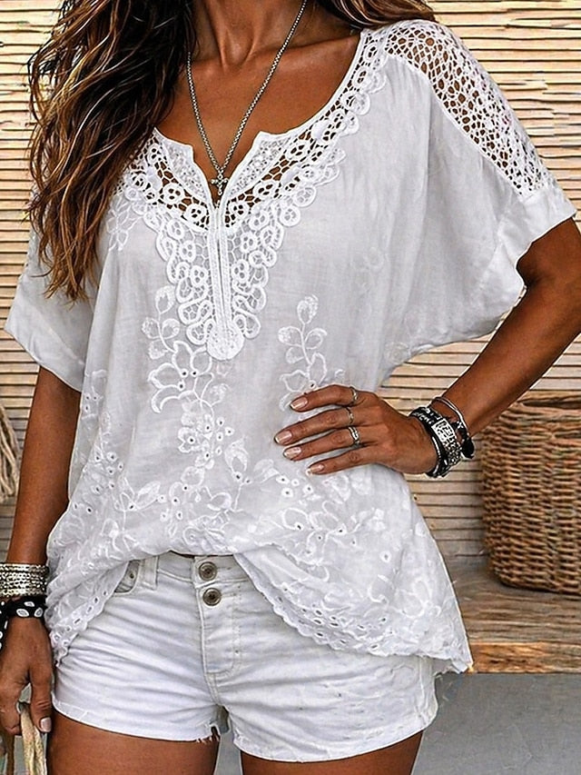 Jill | The Geometric Lace-Paneled Soft V-Neck Blouse