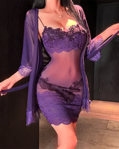 Lacy | The Ethereal Three-Piece Sheer Mesh Loungewear Ensemble