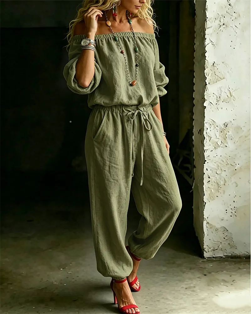 Lana | The Architectural Pure-Cotton Off-Shoulder Utility Jumpsuit
