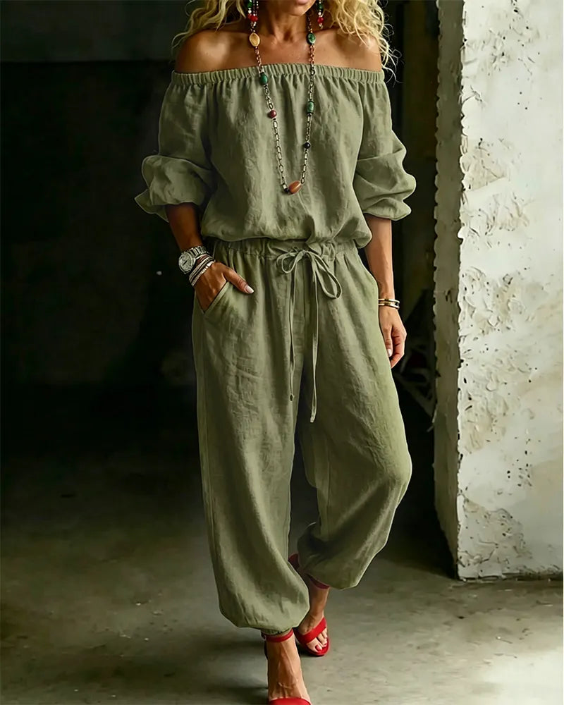 Lana | The Architectural Pure-Cotton Off-Shoulder Utility Jumpsuit